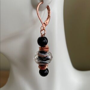 HAND CRAFTED LAMPWORKED CRYSTAL EARRINGS Black Copper Clear Lined Crystals
